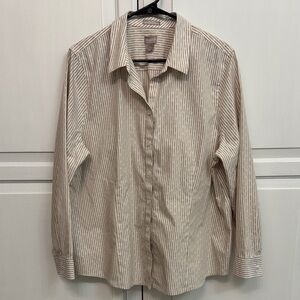 Chico's Beige and White Striped No Iron Button-Up Shirt Classic size 3(US XL)